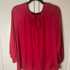 Ann Taylor Red Fuchsia Pink Elastic Wrist Mixed Media Tie Front Blouse Sz M